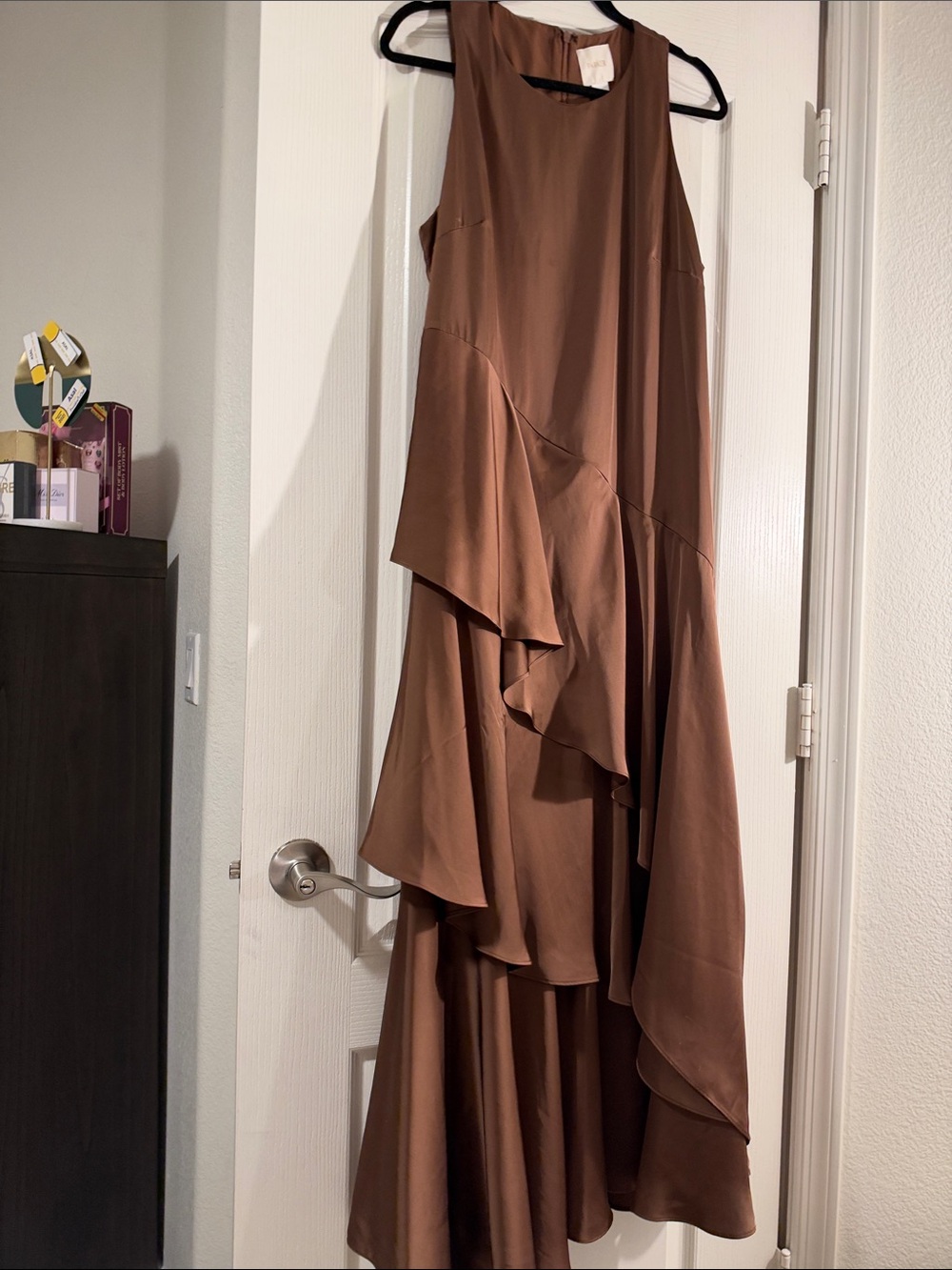 Parker Asymmetrical Ruffle Maxi Dress in Brown
